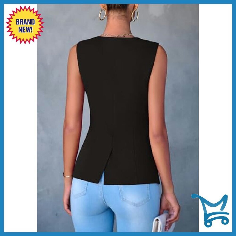 Sleeveless Button Down Vest Blazer Business Casual Polyester Waistcoat - Picture 3 of 8